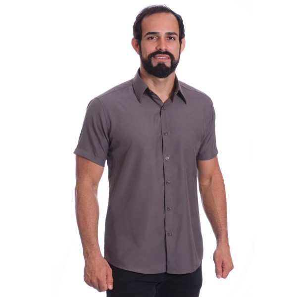 Camisa social cinza chumbo masculina de microfibra manga curta