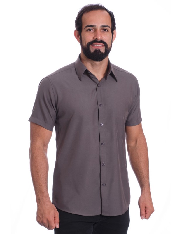 Camisa social cinza chumbo masculina de microfibra manga curta