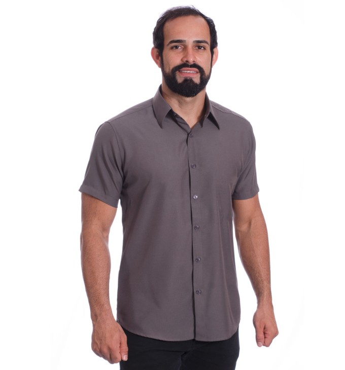 Camisa social cinza chumbo masculina de microfibra manga curta Camisa social cinza chumbo masculina de microfibra manga curta