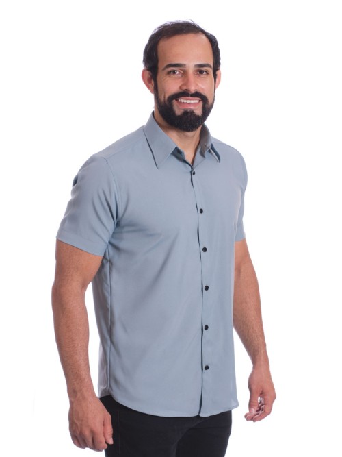 Camisa masculina cinza casual de manga curta microfibra