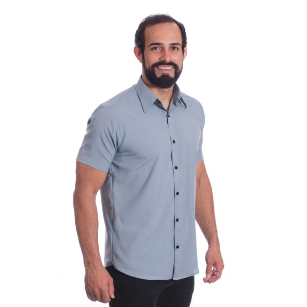 Camisa masculina cinza casual de manga curta microfibra