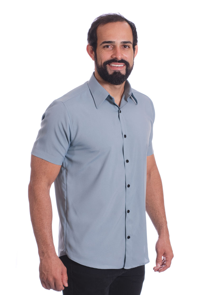 Camisa masculina cinza casual de manga curta microfibra