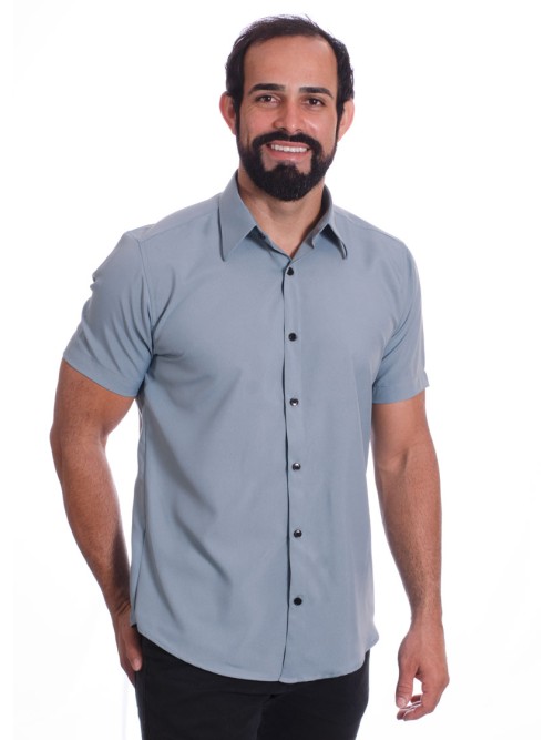 Camisa masculina cinza casual de manga curta microfibra