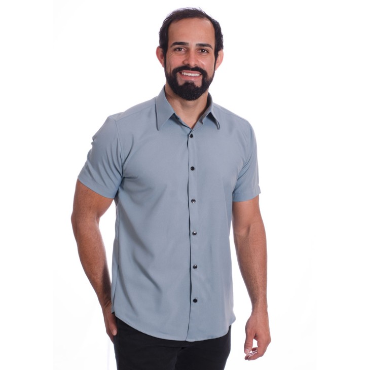Camisa masculina cinza casual de manga curta microfibra