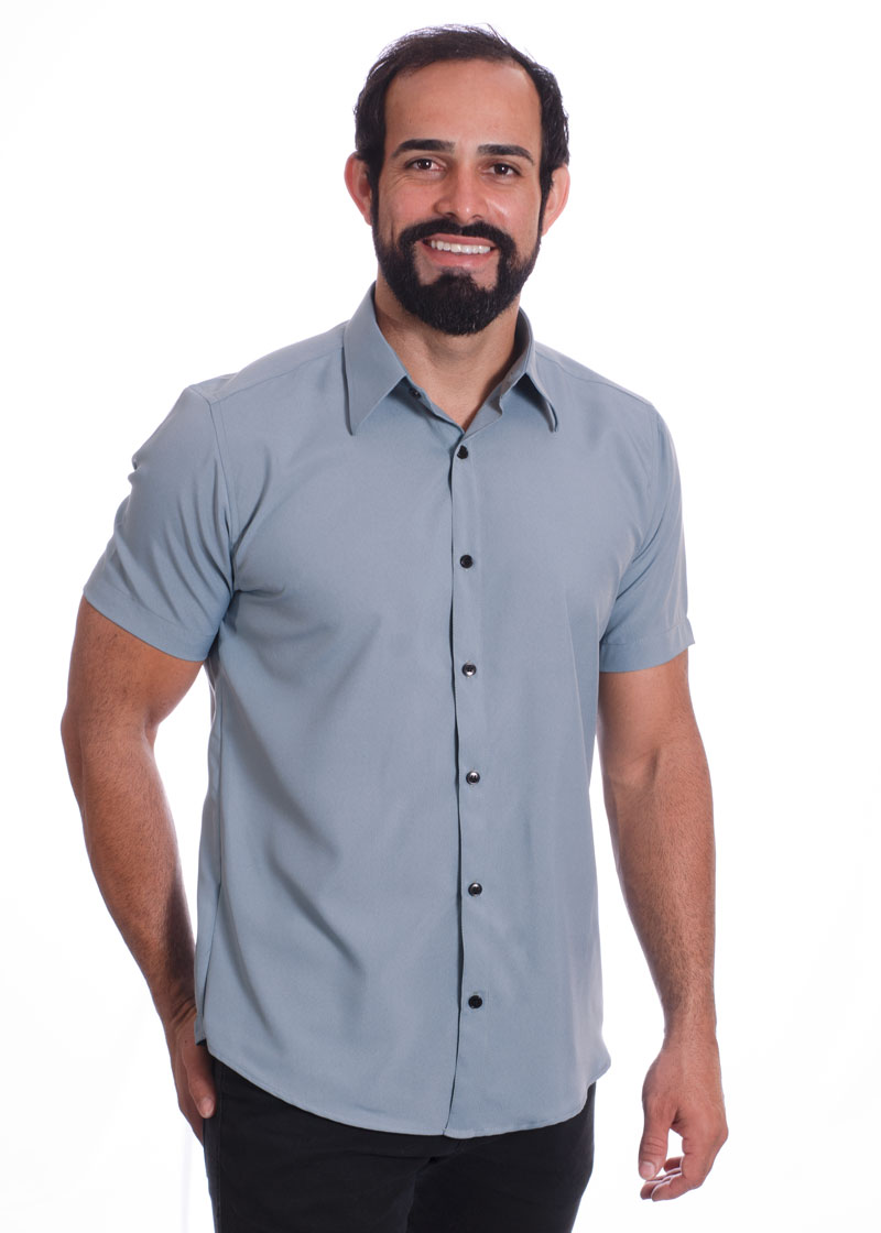 Camisa masculina cinza casual de manga curta microfibra