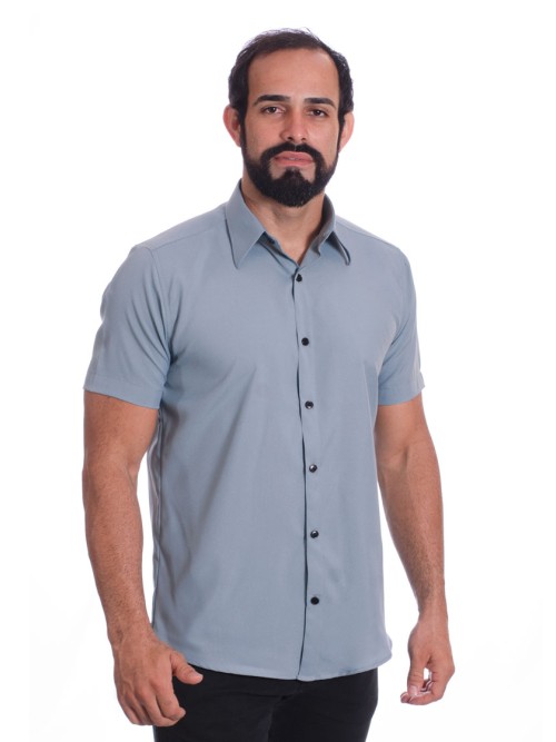 Camisa masculina cinza casual de manga curta microfibra