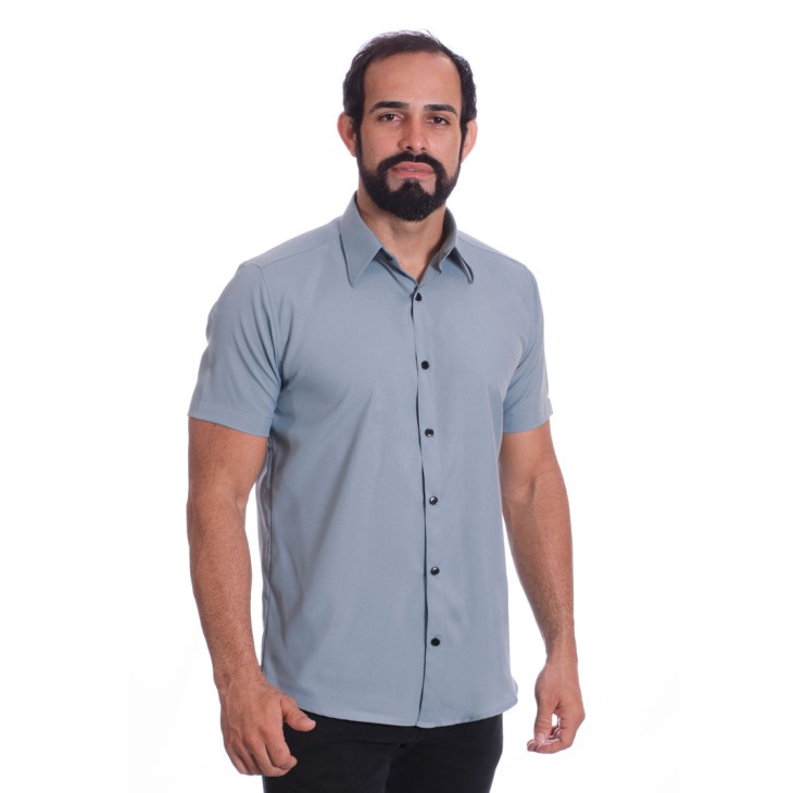 Camisa masculina cinza casual de manga curta microfibra