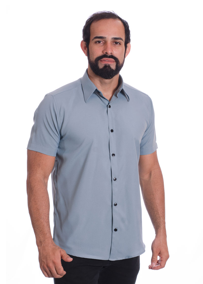 Camisa masculina cinza casual de manga curta microfibra