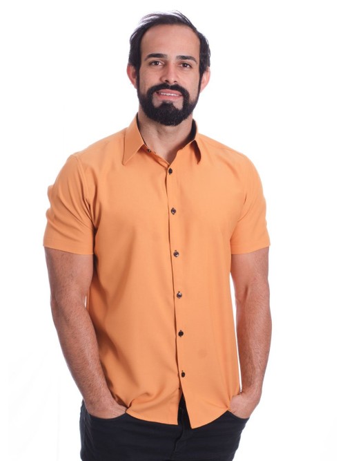 Camisa social mostarda manga curta microfibra detalhe Camisa social mostarda manga curta microfibra detalhe