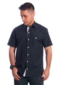 Camisa social masculina de tricoline manga curta preta com detalhe branco na frente