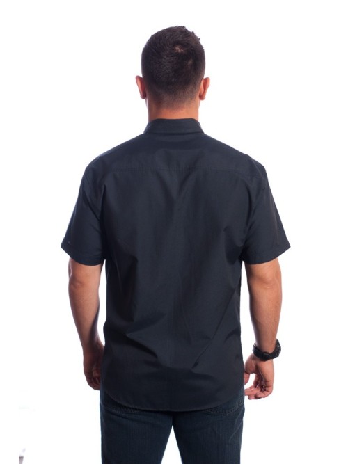 Camisa social masculina de tricoline manga curta preta com detalhe branco na frente Camisa social masculina de tricoline manga curta preta com detalhe branco na frente