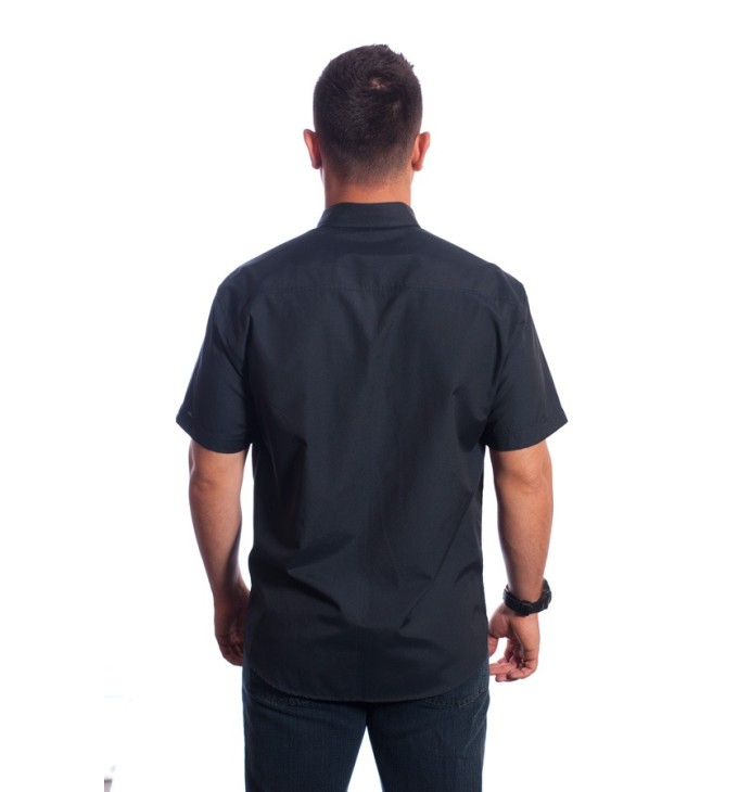 Camisa social masculina de tricoline manga curta preta com detalhe branco na frente Camisa social masculina de tricoline manga curta preta com detalhe branco na frente
