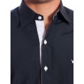 Camisa social masculina de tricoline manga curta preta com detalhe branco na frente
