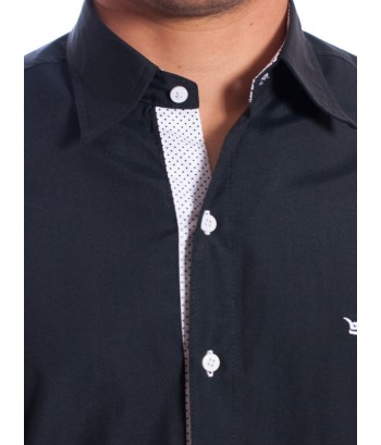 Camisa social masculina de tricoline manga curta preta com detalhe branco na frente