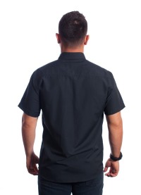 Camisa social masculina de tricoline manga curta com detalhe na frente, preta