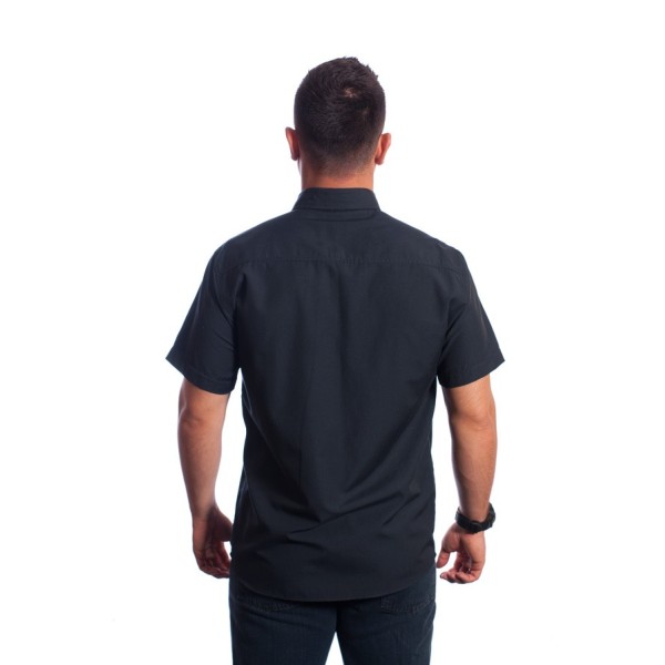 Camisa social masculina de tricoline manga curta com detalhe na frente, preta