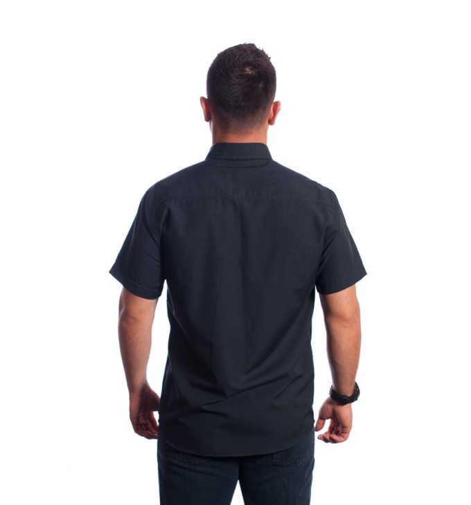 Camisa social masculina de tricoline manga curta com detalhe na frente, preta