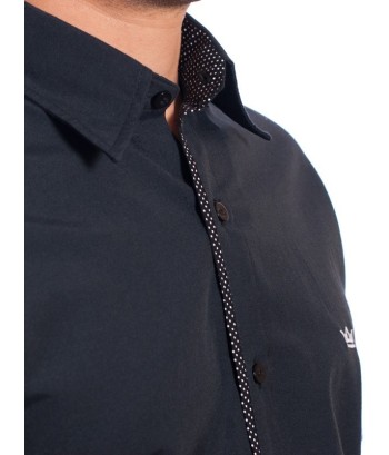 Camisa social masculina de tricoline manga curta com detalhe na frente, preta