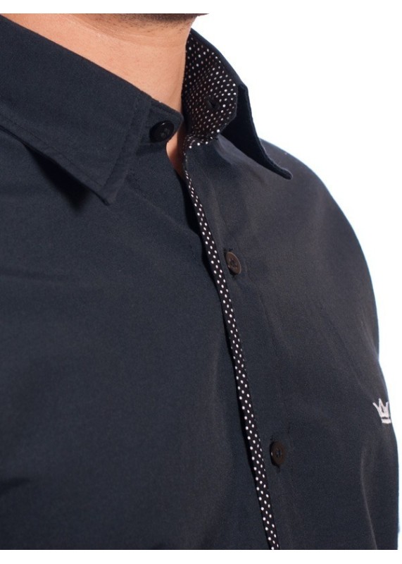 Camisa social masculina de tricoline manga curta com detalhe na frente, preta