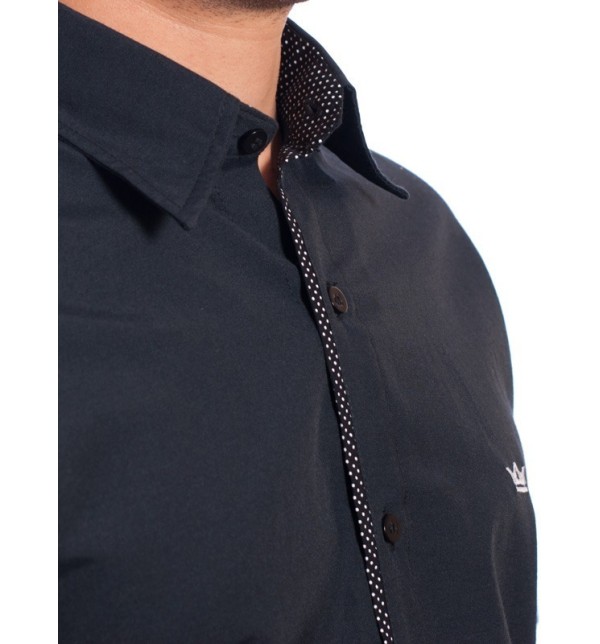 Camisa social masculina de tricoline manga curta com detalhe na frente, preta