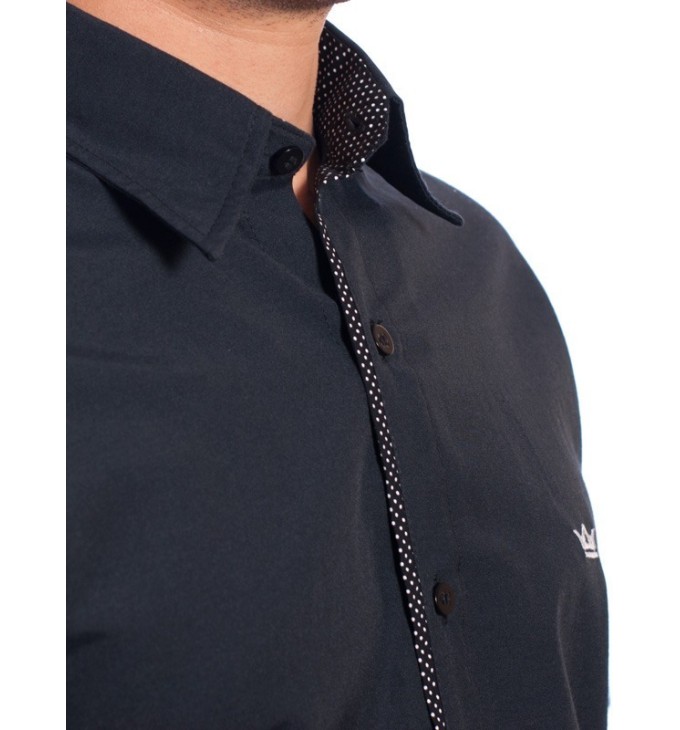 Camisa social masculina de tricoline manga curta com detalhe na frente, preta