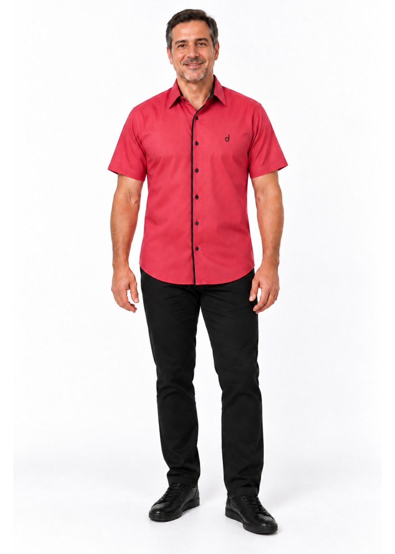 Camisa social masculina de tricoline manga curta com detalhe na frente, vermelha