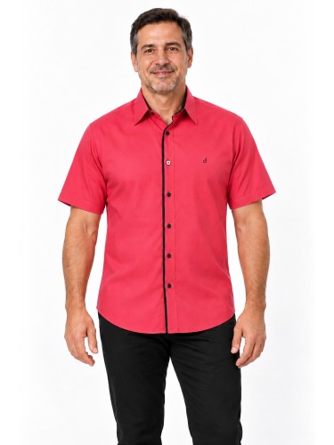 Camisa social masculina de tricoline manga curta com detalhe na frente, vermelha