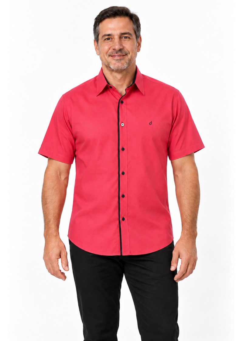 Camisa social masculina de tricoline manga curta com detalhe na frente, vermelha