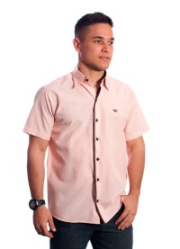 Camisa social masculina de tricoline manga curta com detalhe na frente, salmão