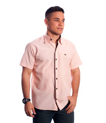 Camisa social masculina de tricoline manga curta com detalhe na frente, salmão