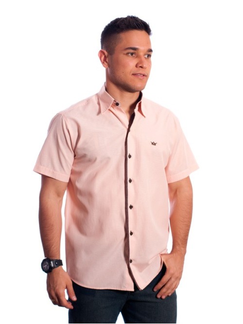 Camisa social masculina de tricoline manga curta com detalhe na frente, salmão