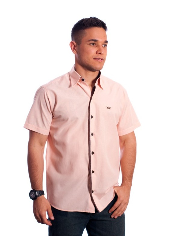 Camisa social masculina de tricoline manga curta com detalhe na frente, salmão