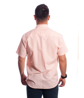 Camisa social masculina de tricoline manga curta com detalhe na frente, salmão