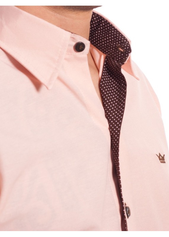 Camisa social masculina de tricoline manga curta com detalhe na frente, salmão