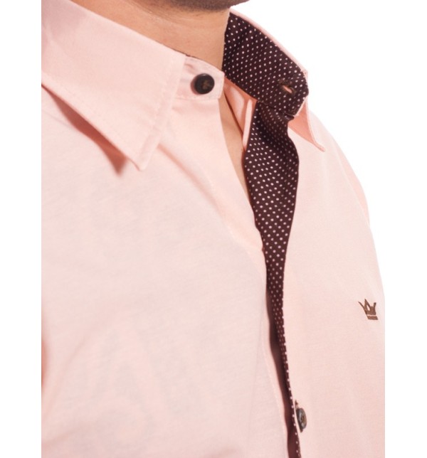 Camisa social masculina de tricoline manga curta com detalhe na frente, salmão
