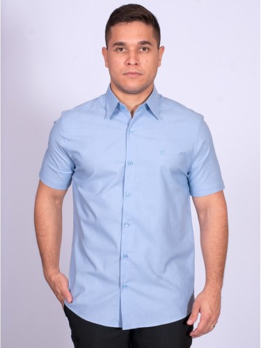Camisa manga curta de linho misto azul claro