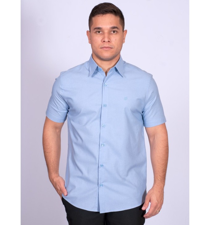 Camisa manga curta de linho misto azul claro Camisa manga curta de linho misto azul claro