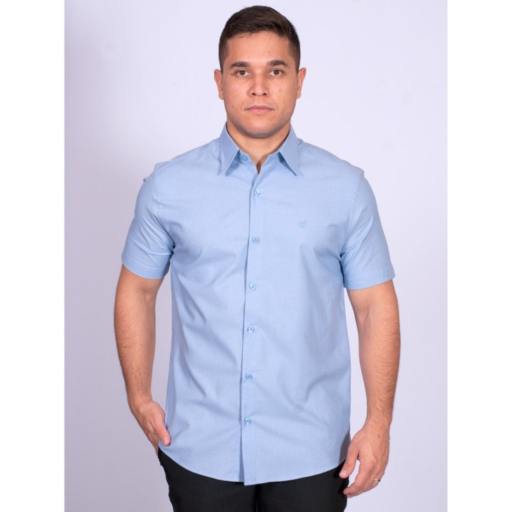 Camisa manga curta de linho misto azul claro