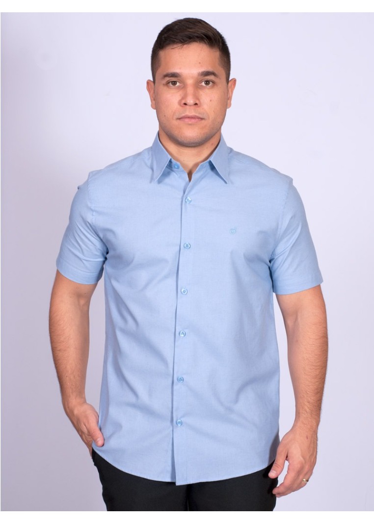 Camisa manga curta de linho misto azul claro
