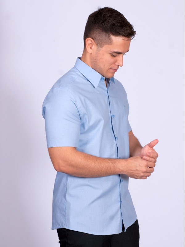 Camisa manga curta de linho misto azul claro Camisa manga curta de linho misto azul claro