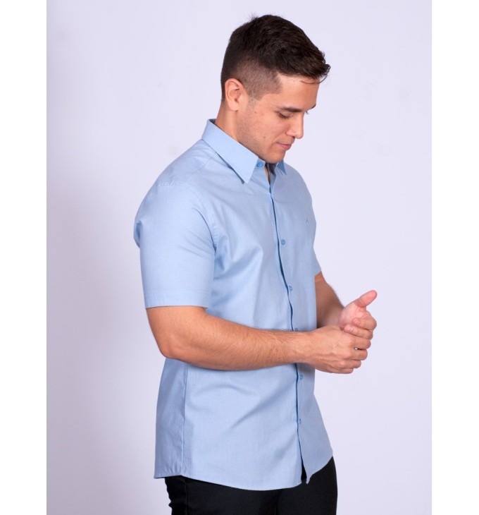 Camisa manga curta de linho misto azul claro Camisa manga curta de linho misto azul claro