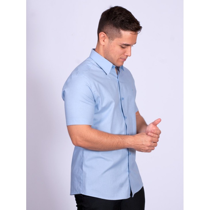 Camisa manga curta de linho misto azul claro