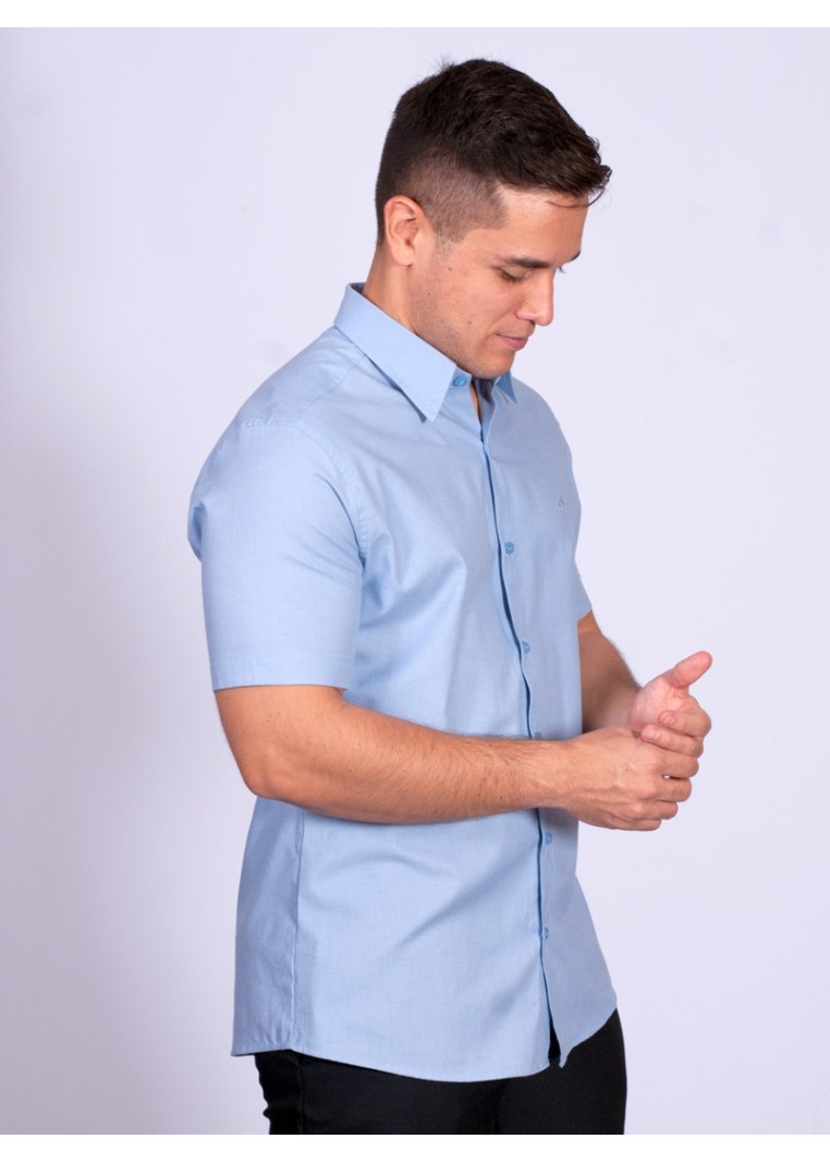 Camisa manga curta de linho misto azul claro