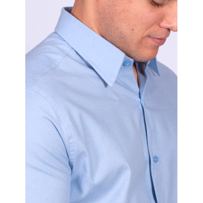 Camisa manga curta de linho misto azul claro