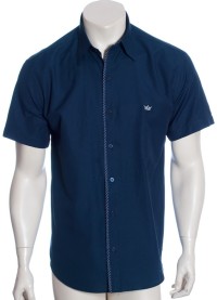 Camisa social masculina de tricoline manga curta com detalhe na frente, marinho