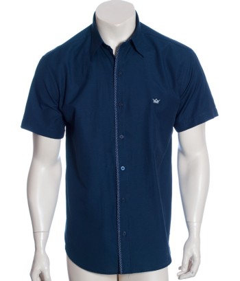 Camisa social masculina de tricoline manga curta com detalhe na frente, marinho