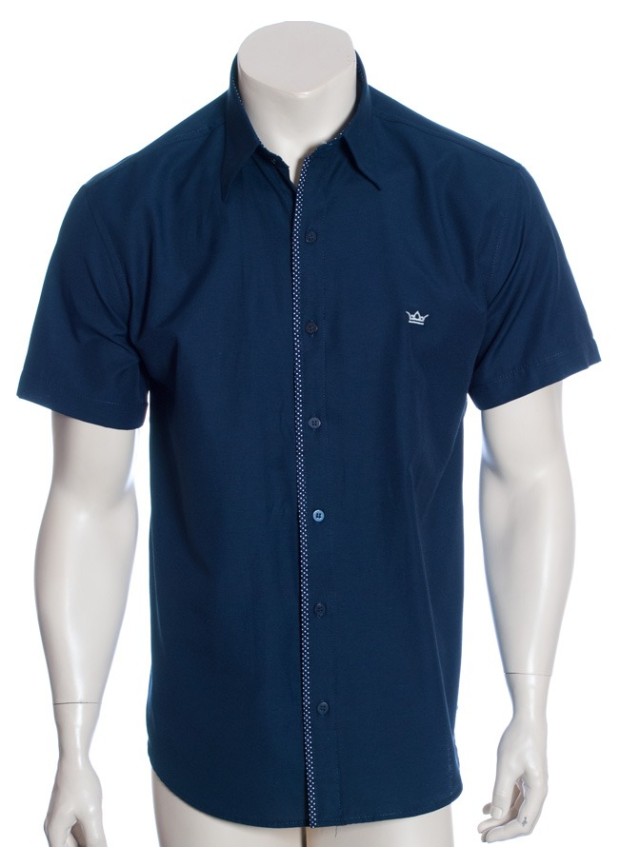 Camisa social masculina de tricoline manga curta com detalhe na frente, marinho