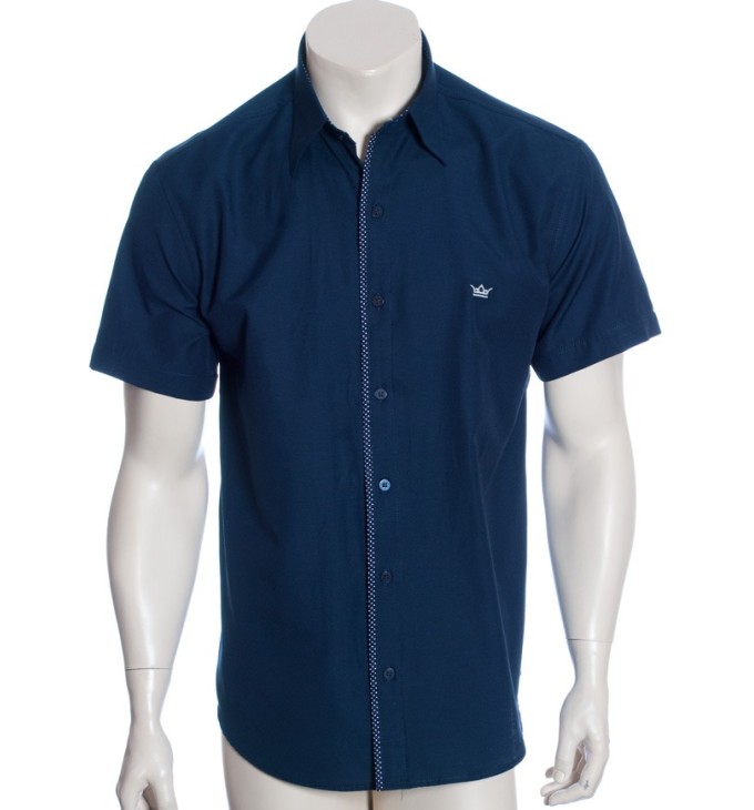 Camisa social masculina de tricoline manga curta com detalhe na frente, marinho