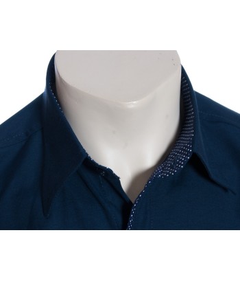 Camisa social masculina de tricoline manga curta com detalhe na frente, marinho