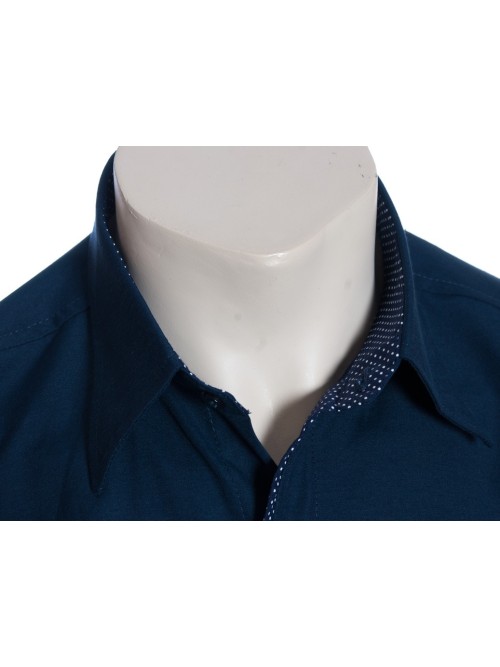 Camisa social masculina de tricoline manga curta com detalhe na frente, marinho